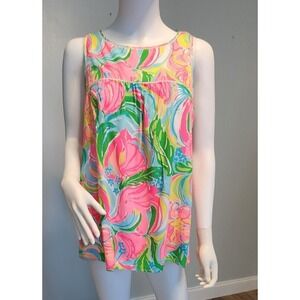 Lilly Pulitzer So A Peeling Silk Floral Blouse Top Green Pink Blue Size M